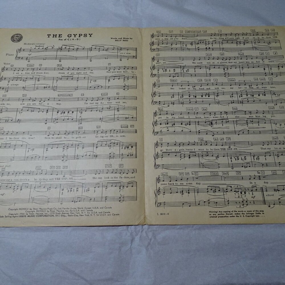 Vintage 1946 The Gypsy Billy Reid Piano Leeds Music Sheet Music Wall Art Decor - Picture 5 of 5
